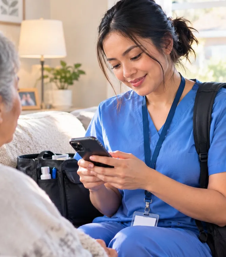 A home health nurse using her phone during a visit with a patient